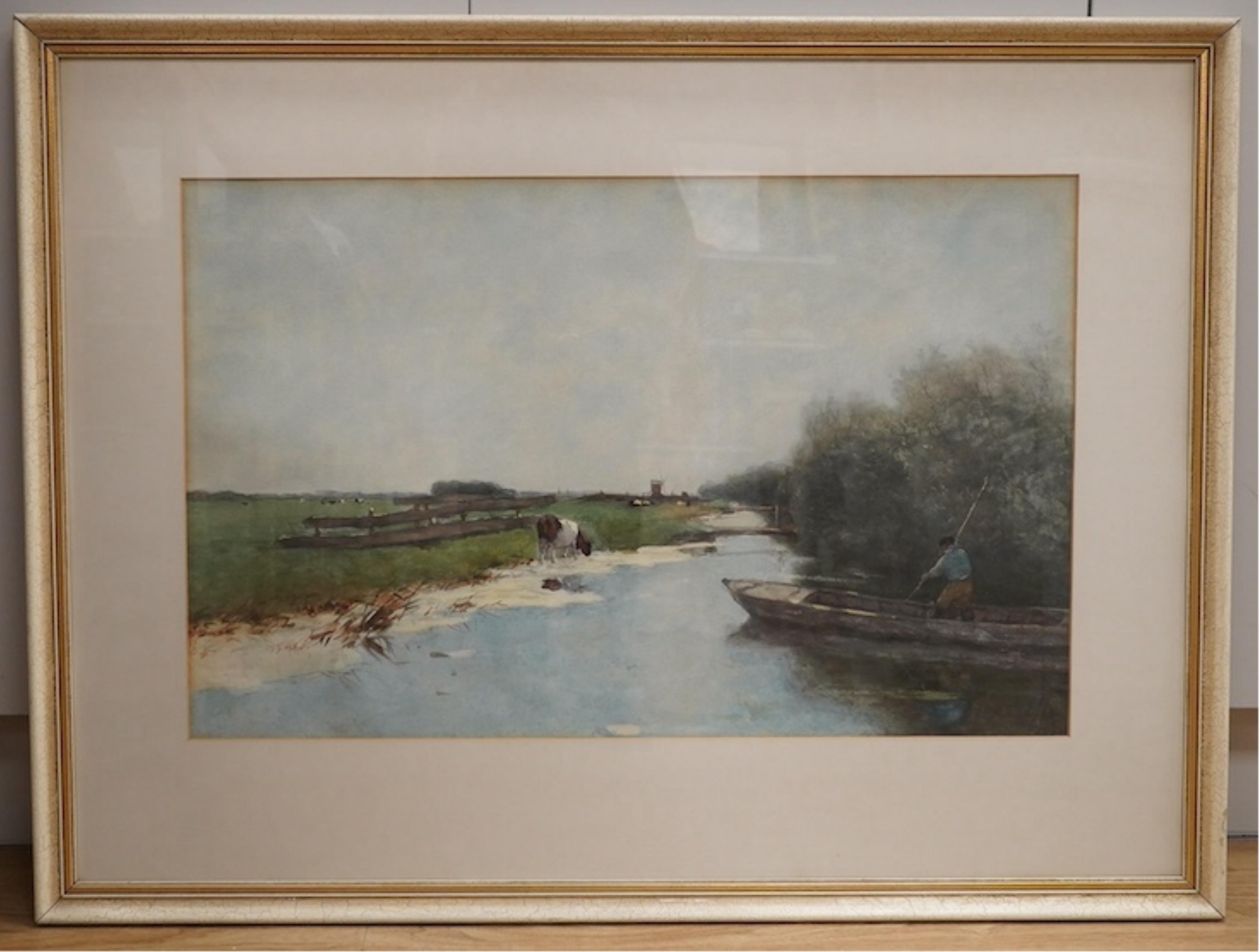 Dutch School, watercolour, Riverscape with boatman, unsigned, 46 x 72cm. Condition - fair